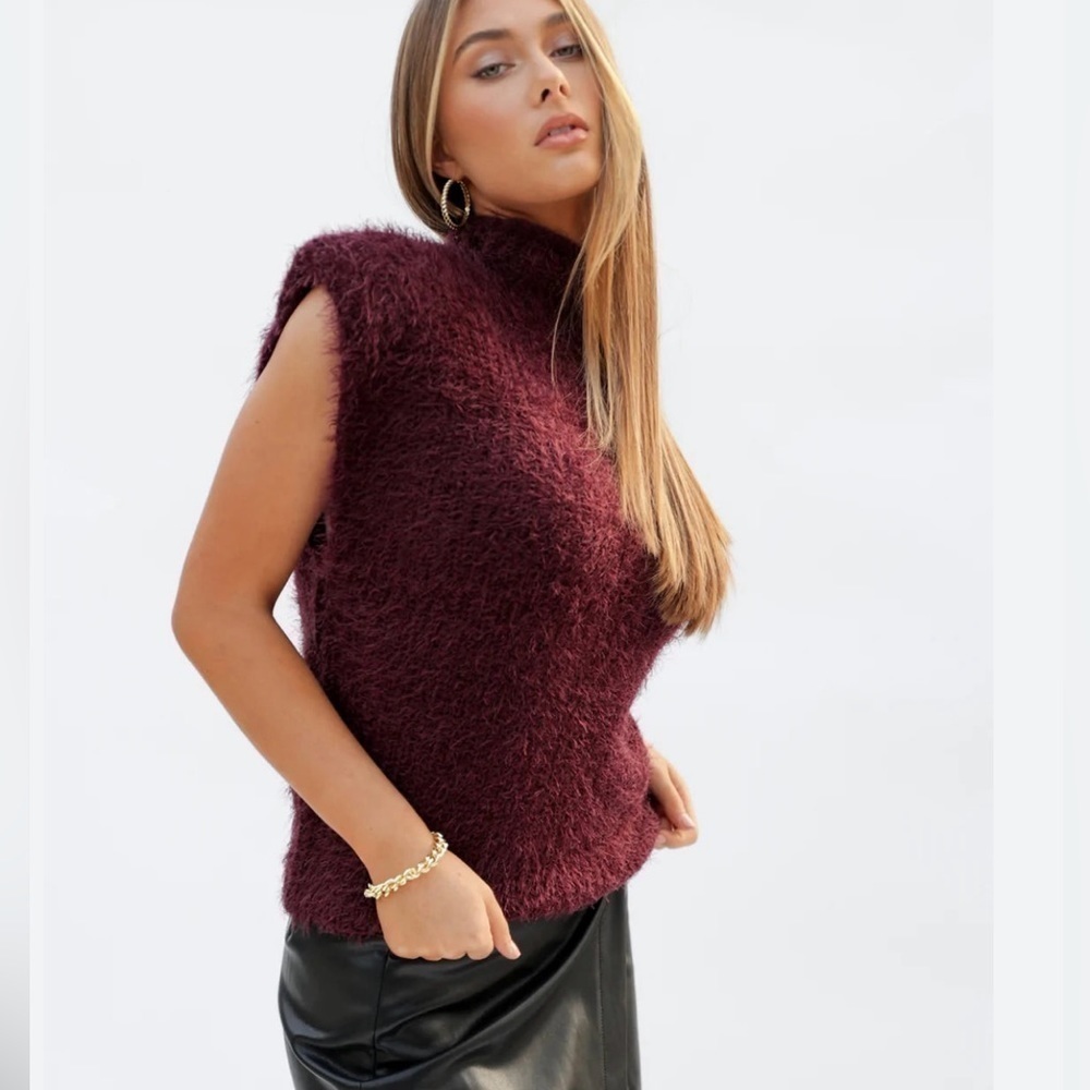 NWT BISHOP + YOUNG BIANCA SHOULDER PAD MOCK NECK FUZZY SWEATER